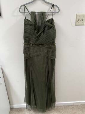White by Vera Wang Olive Green Ruched Tulle Halter Mermaid Gown Size 14